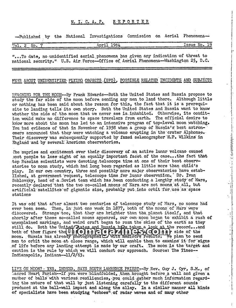 Cover of NICAP Reporter (Gribble) issue No. 19: N. I. C. A. P. REPORTER