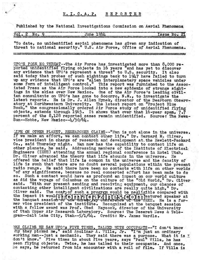 Cover of NICAP Reporter (Gribble) issue 21: N. I. C. A. P. REPORTER