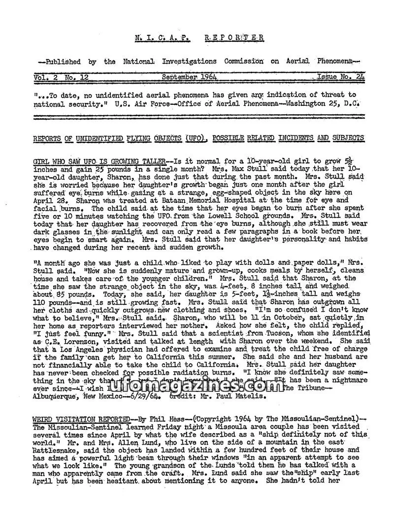 Cover of NICAP Reporter (Gribble) issue No. 12: N. I. C. A. P. REPORTER
