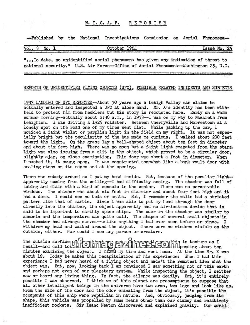 Cover of NICAP Reporter (Gribble) issue No. 25: N. I. C. A. P. REPORTER