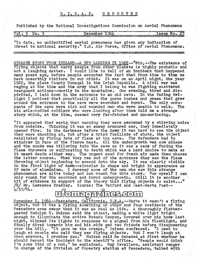 Cover of NICAP Reporter (Gribble) issue No. 27: N. I. C. A. P. REPORTER