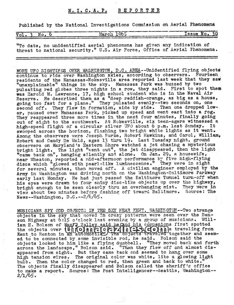 Cover of NICAP Reporter (Gribble) issue 30: N. I. C. A. P. REPORTER