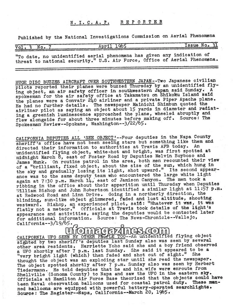Cover of NICAP Reporter (Gribble) issue No. 7: N. I. C. A. P. REPORTER