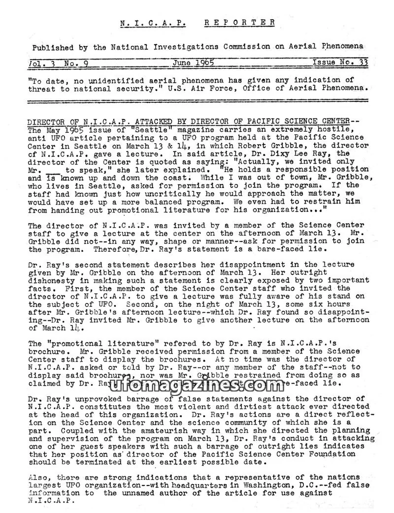 Cover of NICAP Reporter (Gribble) issue No. 33: N.I.C.A.P. REPORTER