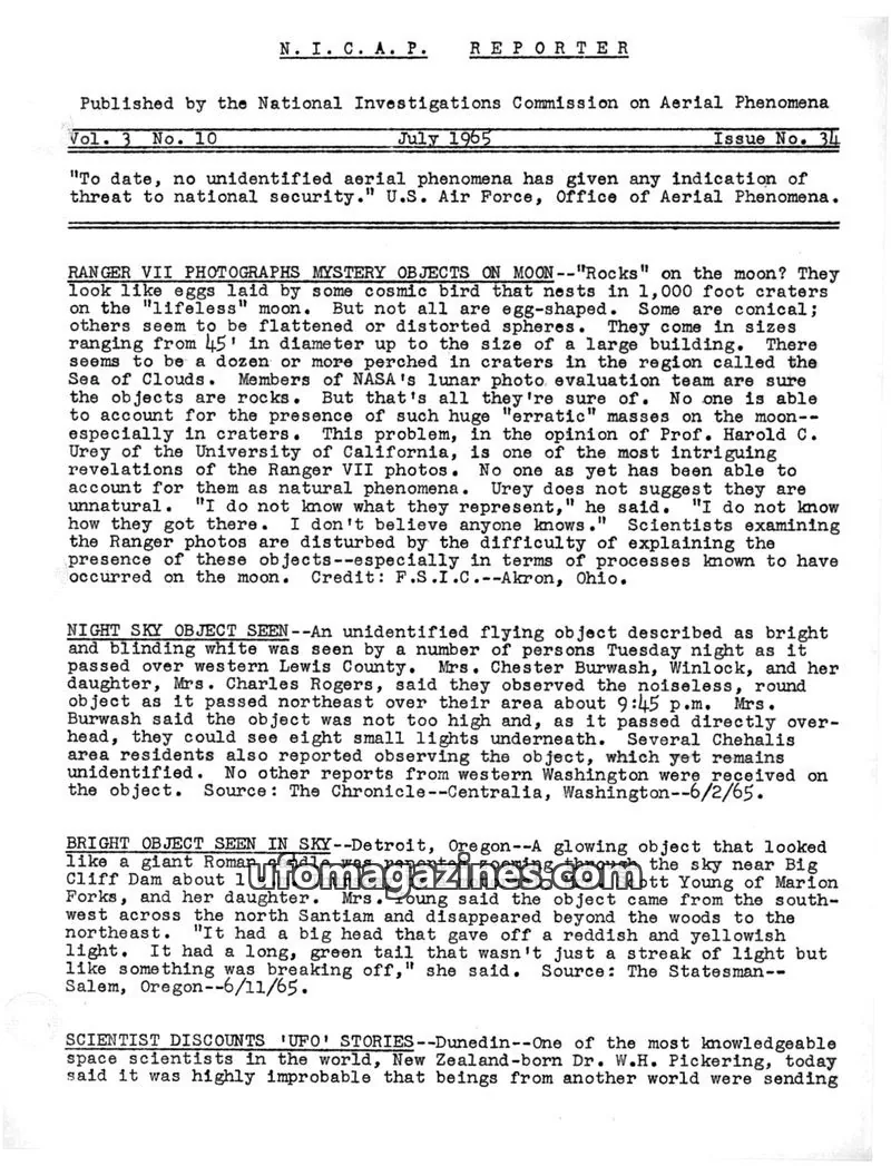 Cover of NICAP Reporter (Gribble) issue 34: N.I.C.A.P. REPORTER