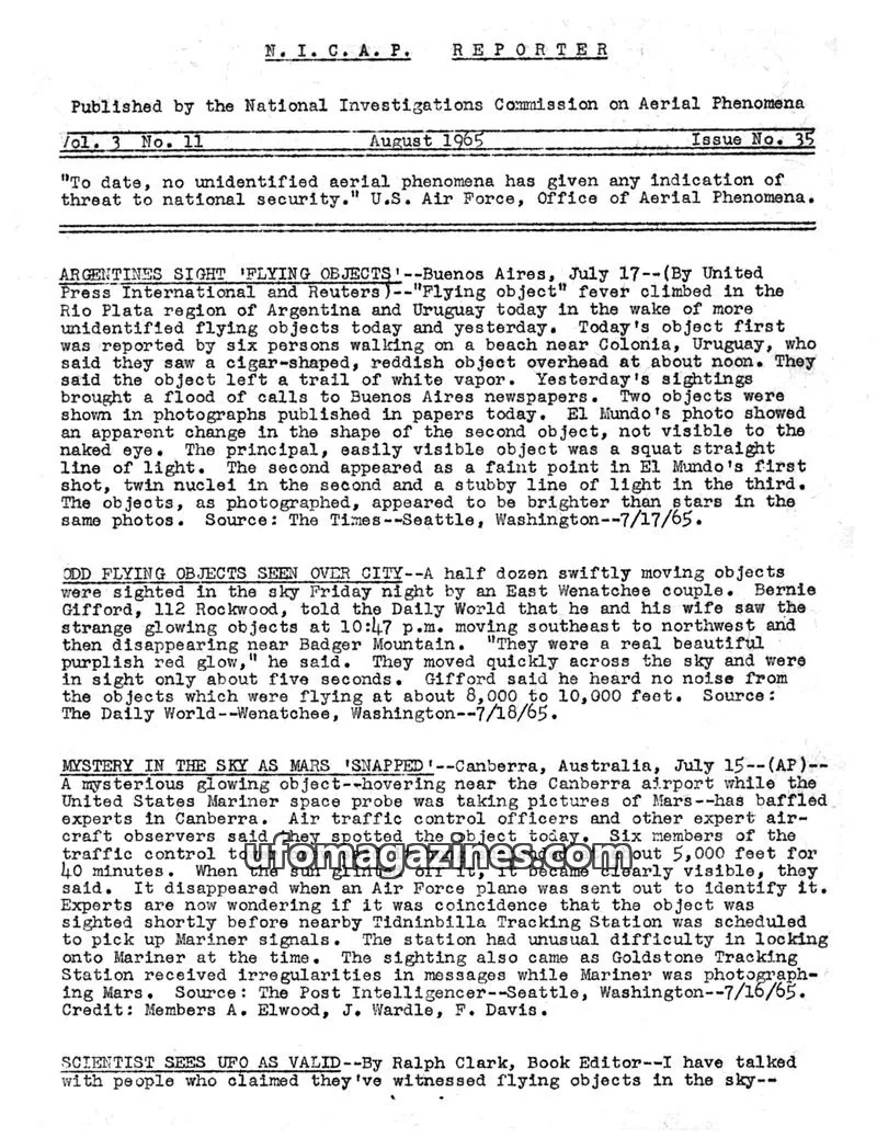 Cover of NICAP Reporter (Gribble) issue 35: N. I. C. A. P. REPORTER