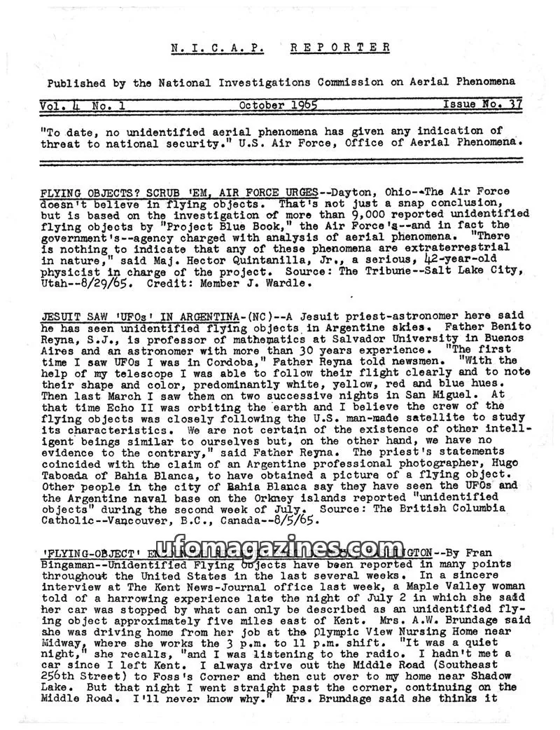 Cover of NICAP Reporter (Gribble) issue 37: N. I. C. A. P. REPORTER