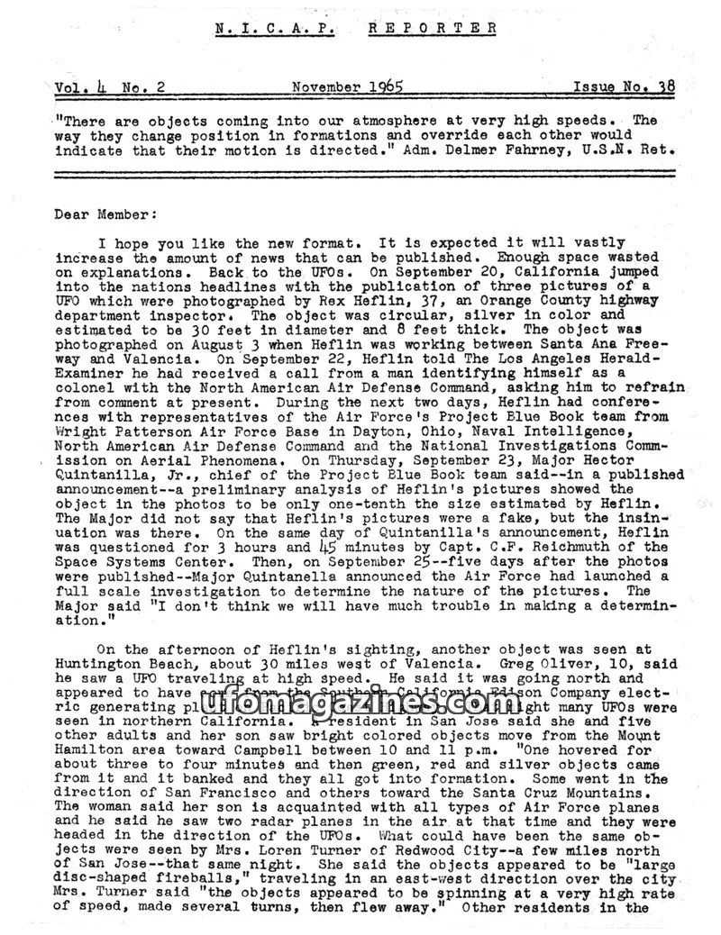 Cover of NICAP Reporter (Gribble) issue 38: N. I. C. A. P. REPORTER