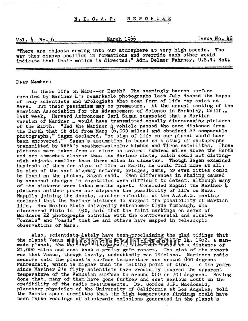 Cover of NICAP Reporter (Gribble) issue 42: N. I. C. A. P. REPORTER
