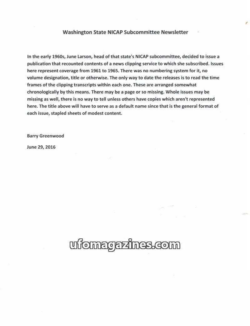 Cover of Washington State NICAP Subcommittee: Washington State NICAP Subcommittee Newsletter
