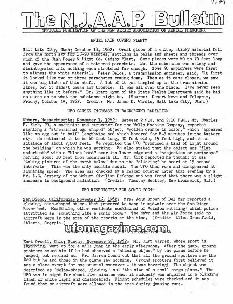 Cover of The New Jersey Association on Aerial Phenomena issue December, 1962 Issue: The N.J.A.A.P. Bulletin