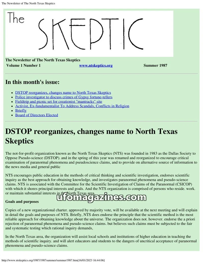 Cover of North Texas Skeptic issue Volume 1 Number 1: The SKEPTIC