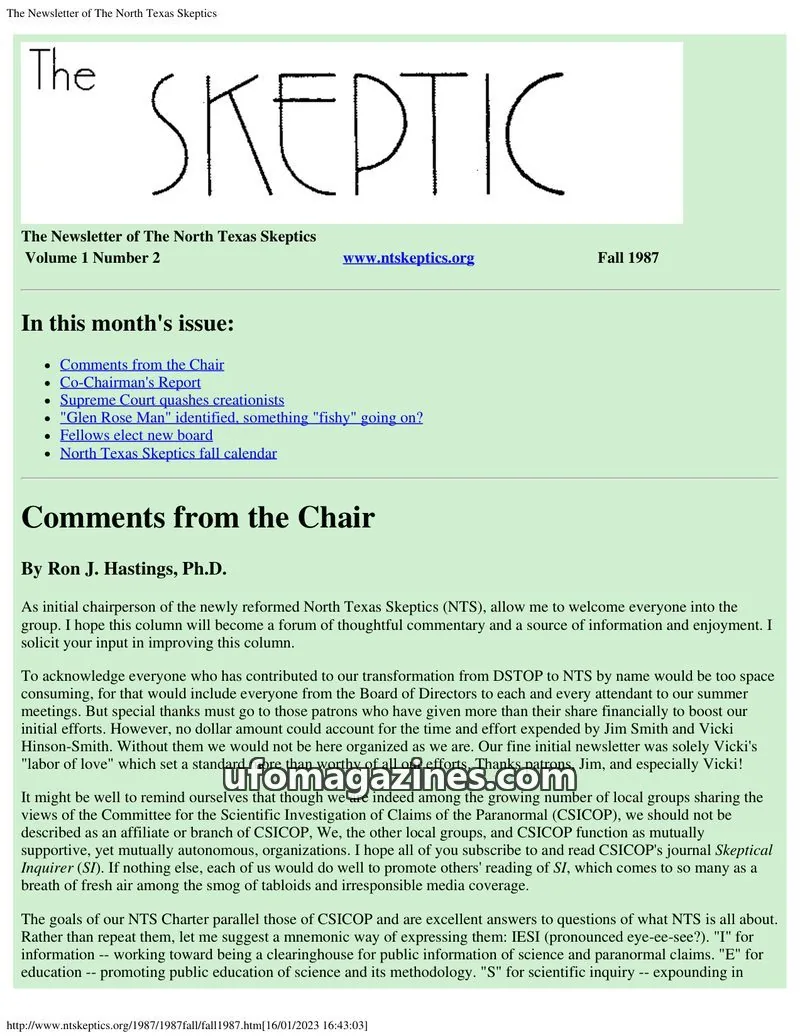 Cover of North Texas Skeptic issue Volume 1 Number 2: The SKEPTIC