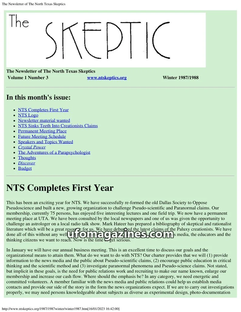 Cover of North Texas Skeptic issue Volume 1 Number 3: The Newsletter of The North Texas Skeptics