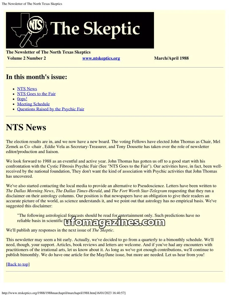 Cover of North Texas Skeptic issue Volume 2 Number 2: The Skeptic