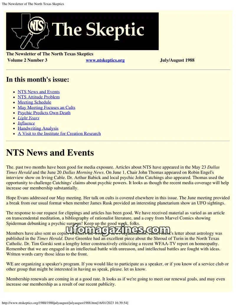 Cover of North Texas Skeptic issue Volume 2 Number 3: The Newsletter of The North Texas Skeptics