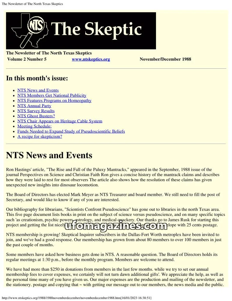 Cover of North Texas Skeptic issue Volume 2 Number 5: The Newsletter of The North Texas Skeptics