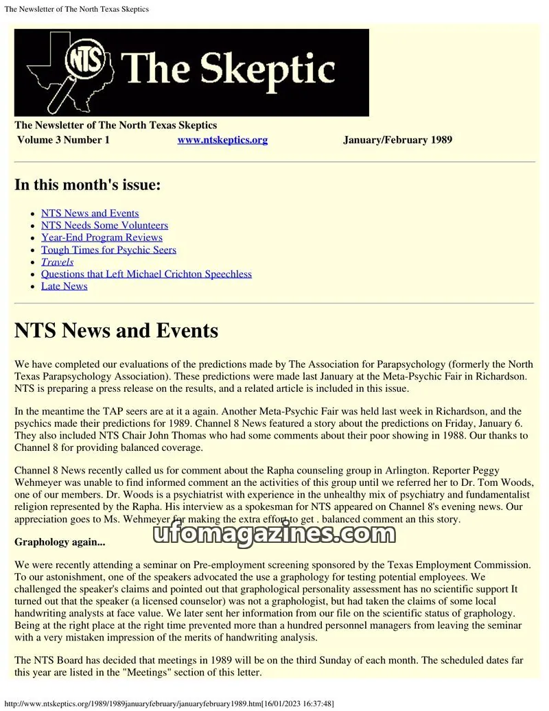 Cover of North Texas Skeptic issue Volume 3 Number 1: The Newsletter of The North Texas Skeptics
