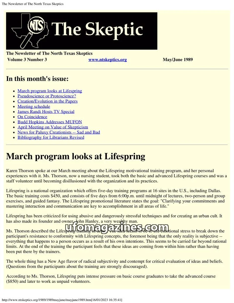 Cover of North Texas Skeptic issue Volume 3 Number 3: The Skeptic