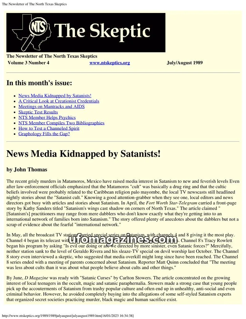 Cover of North Texas Skeptic issue Volume 3 Number 4: The Newsletter of The North Texas Skeptics
