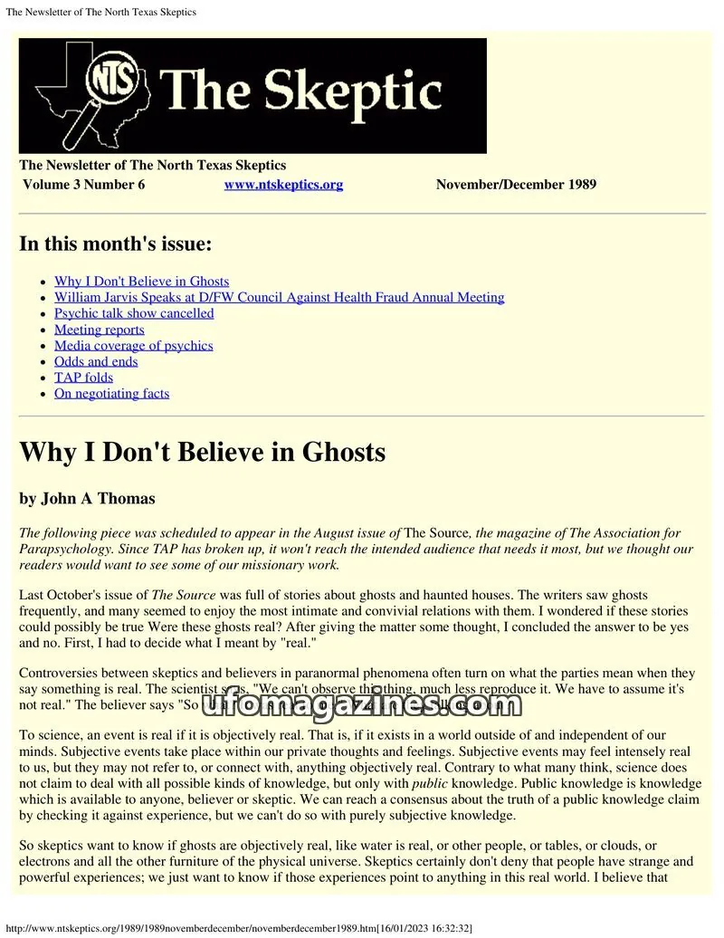 Cover of North Texas Skeptic issue Volume 3 Number 6: The Newsletter of The North Texas Skeptics