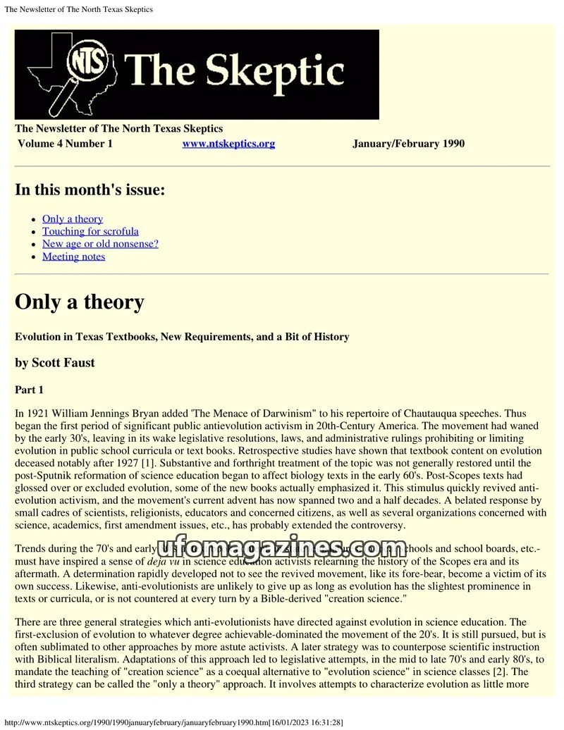 Cover of North Texas Skeptic issue Volume 4 Number 1: The Newsletter of The North Texas Skeptics