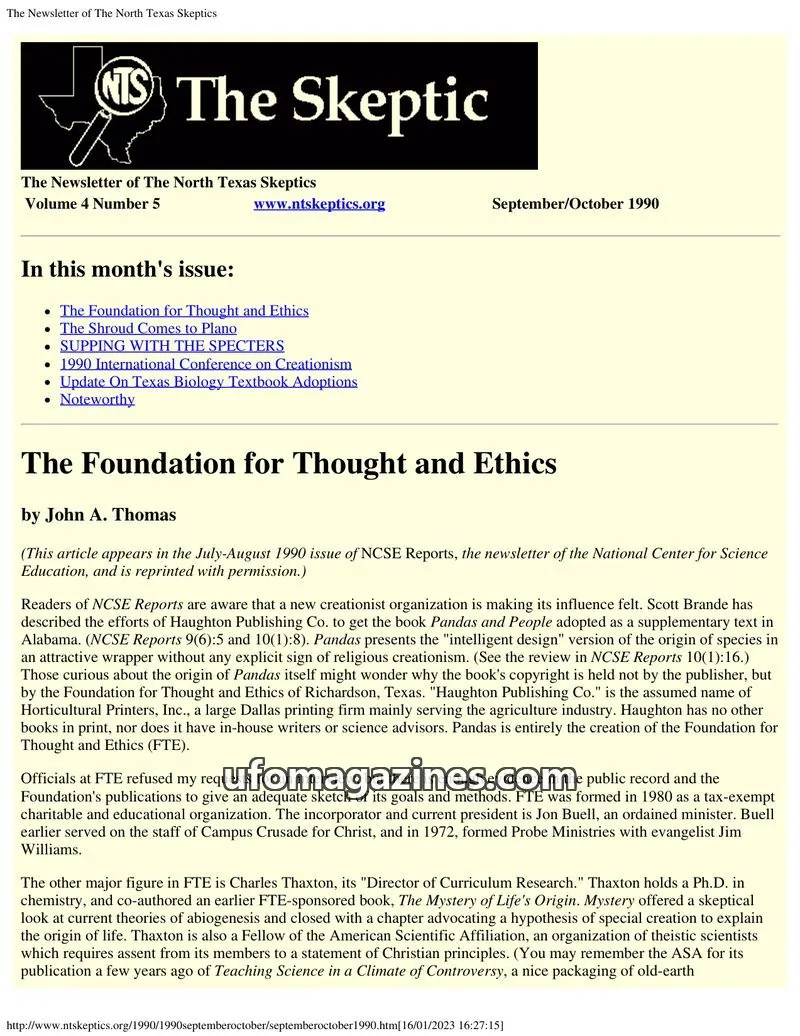 Cover of North Texas Skeptic issue Volume 4 Number 5: The Skeptic