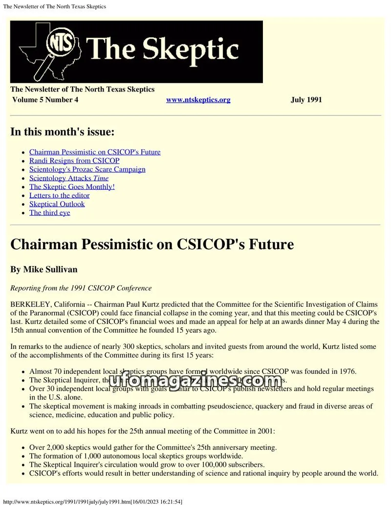 Cover of North Texas Skeptic issue Number 4: The Skeptic