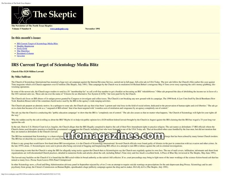 Cover of North Texas Skeptic issue Volume 5 Number 8: The Skeptic