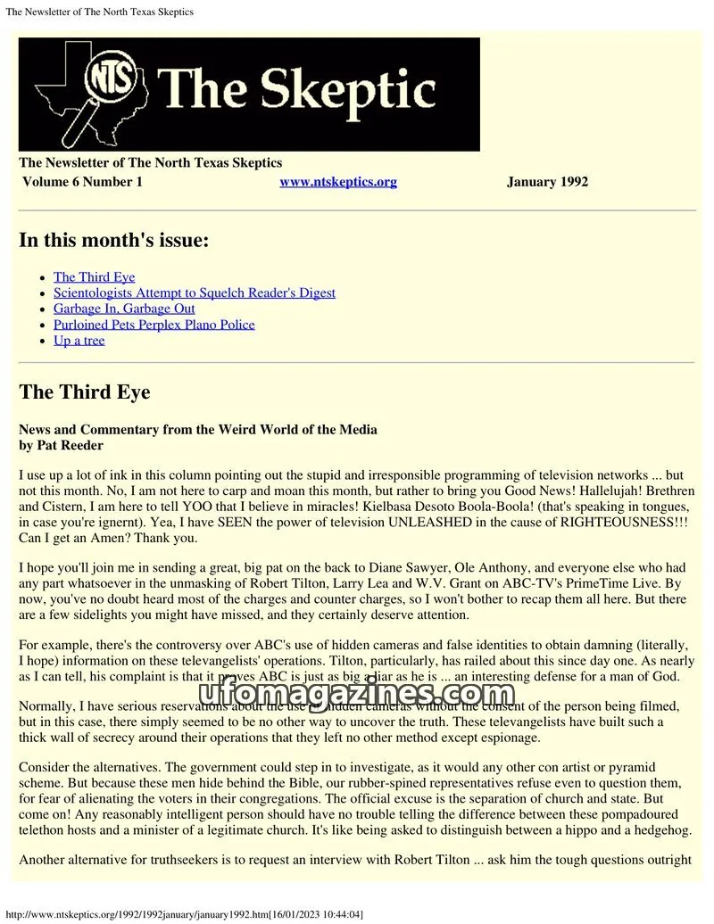 Cover of North Texas Skeptic issue Volume 6 Number 1: The Newsletter of The North Texas Skeptics
