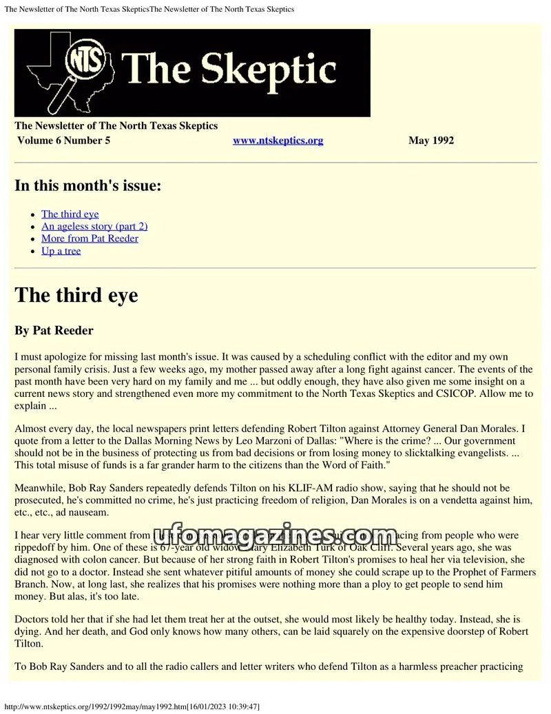 Cover of North Texas Skeptic issue Volume 6 Number 5: The Newsletter of The North Texas Skeptics