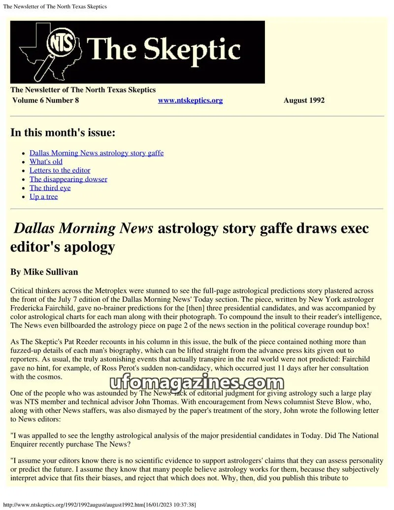 Cover of North Texas Skeptic issue Number 8: The Skeptic