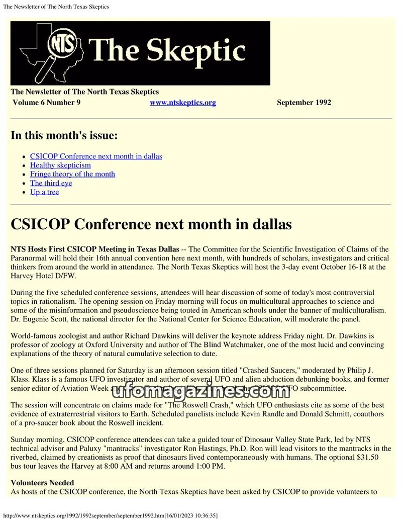 Cover of North Texas Skeptic issue Volume 6 Number 9: The Newsletter of The North Texas Skeptics