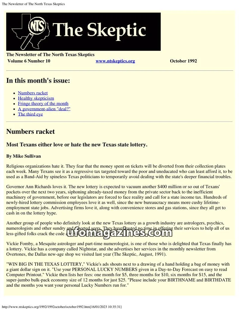 Cover of North Texas Skeptic issue Volume 6 Number 10: The Newsletter of The North Texas Skeptics