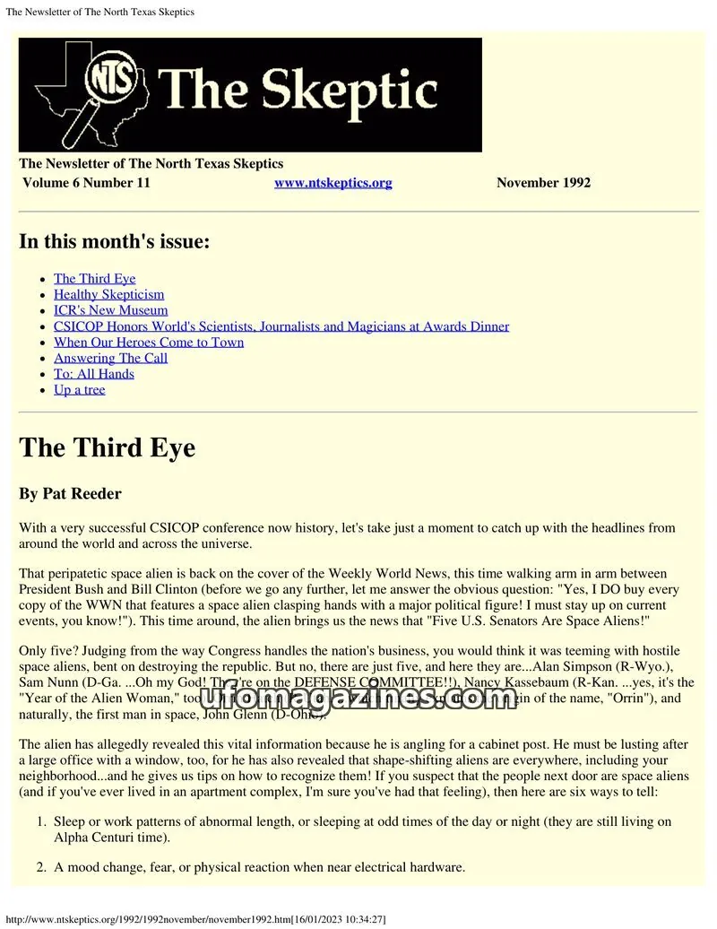Cover of North Texas Skeptic issue Volume 6 Number 11: The Newsletter of The North Texas Skeptics