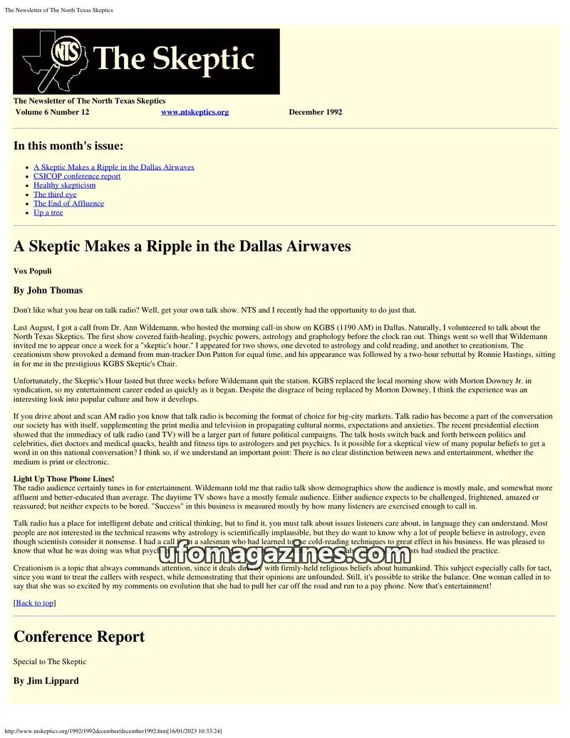 Cover of North Texas Skeptic issue 12: The Skeptic