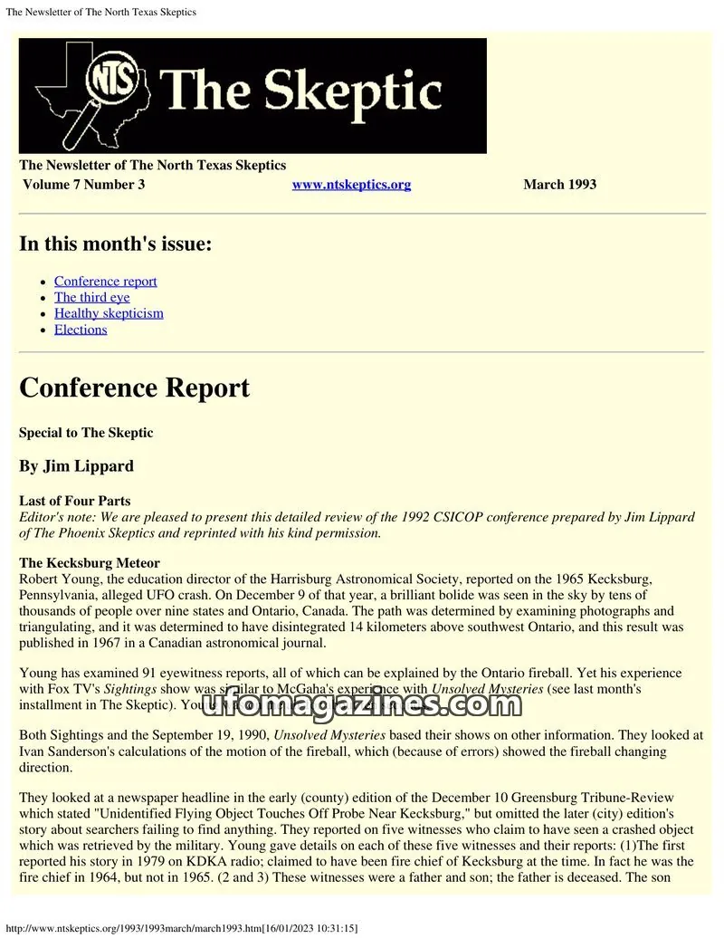 Cover of North Texas Skeptic issue Number 3: The Skeptic