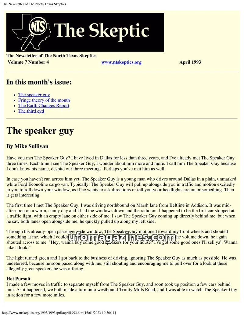Cover of North Texas Skeptic issue Volume 7 Number 4: The Newsletter of The North Texas Skeptics