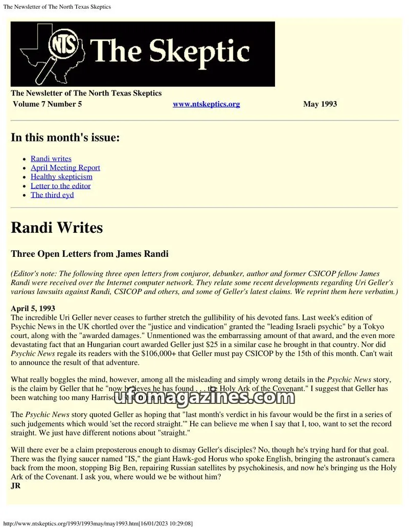 Cover of North Texas Skeptic issue Number 5: The Skeptic