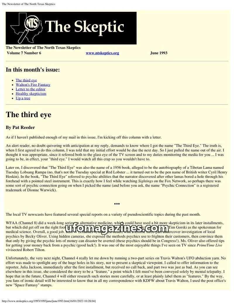 Cover of North Texas Skeptic issue Volume 7 Number 6: The Newsletter of The North Texas Skeptics