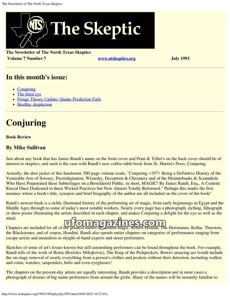 Cover of North Texas Skeptic issue Volume 7 Number 7: The Skeptic