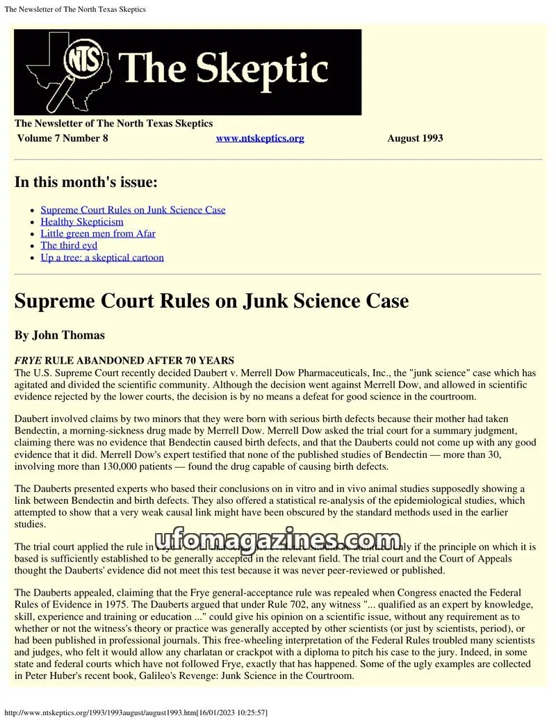 Cover of North Texas Skeptic issue Volume 7 Number 8: The Skeptic