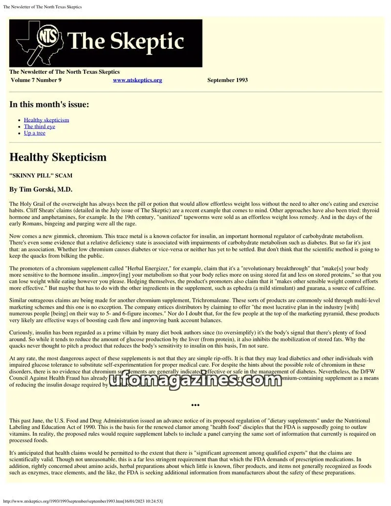Cover of North Texas Skeptic issue Volume 7 Number 9: The Skeptic