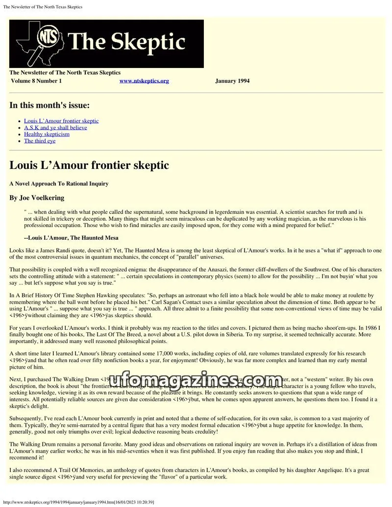 Cover of North Texas Skeptic issue Volume 8 Number 1: The Skeptic