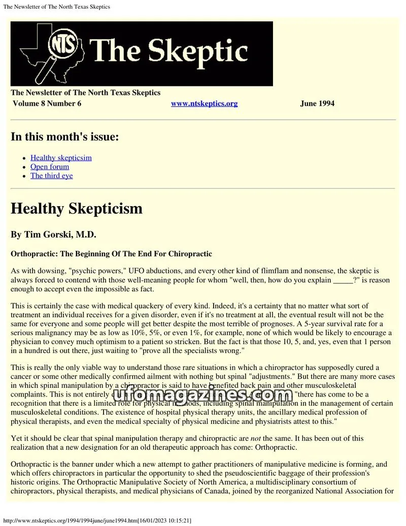 Cover of North Texas Skeptic issue Volume 8 Number 6: The Skeptic