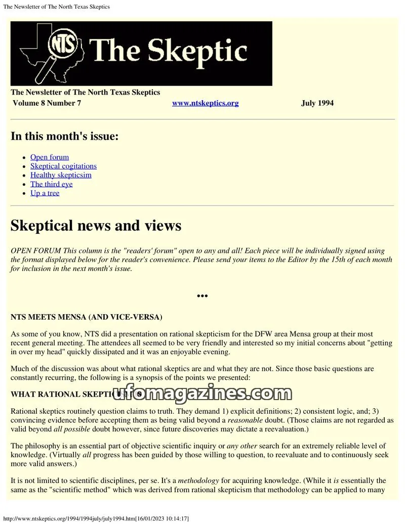 Cover of North Texas Skeptic issue Volume 8 Number 7: The Skeptic