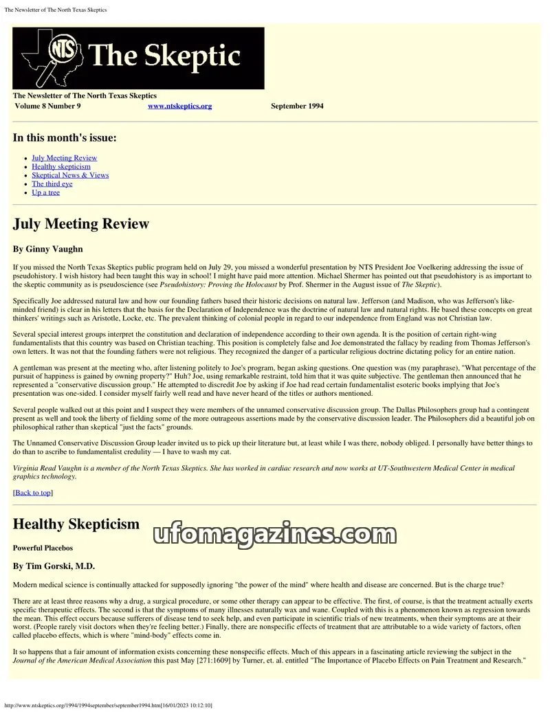 Cover of North Texas Skeptic issue Volume 8 Number 9: The Newsletter of The North Texas Skeptics