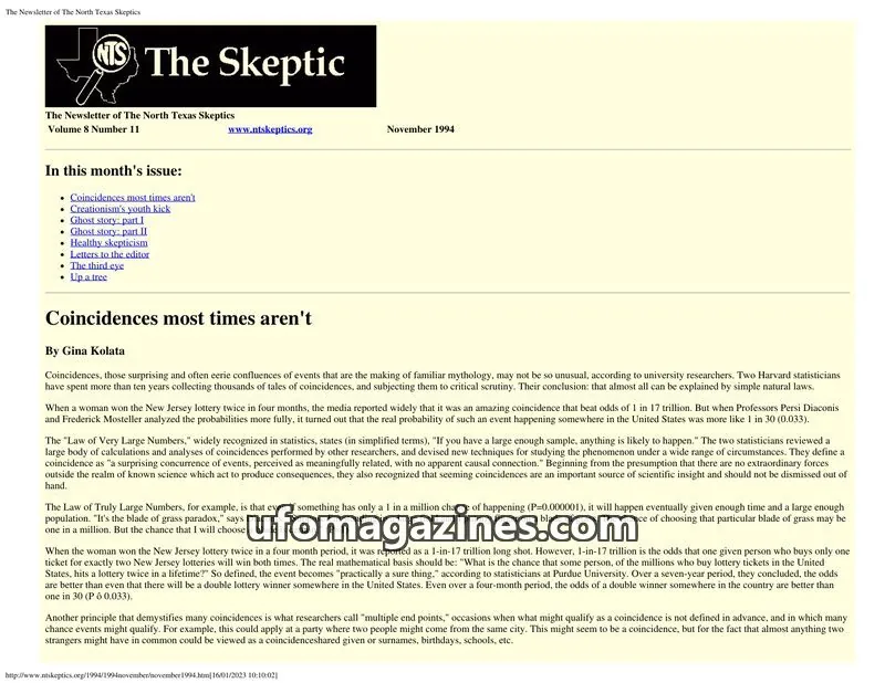Cover of North Texas Skeptic issue Volume 8 Number 11: The Skeptic