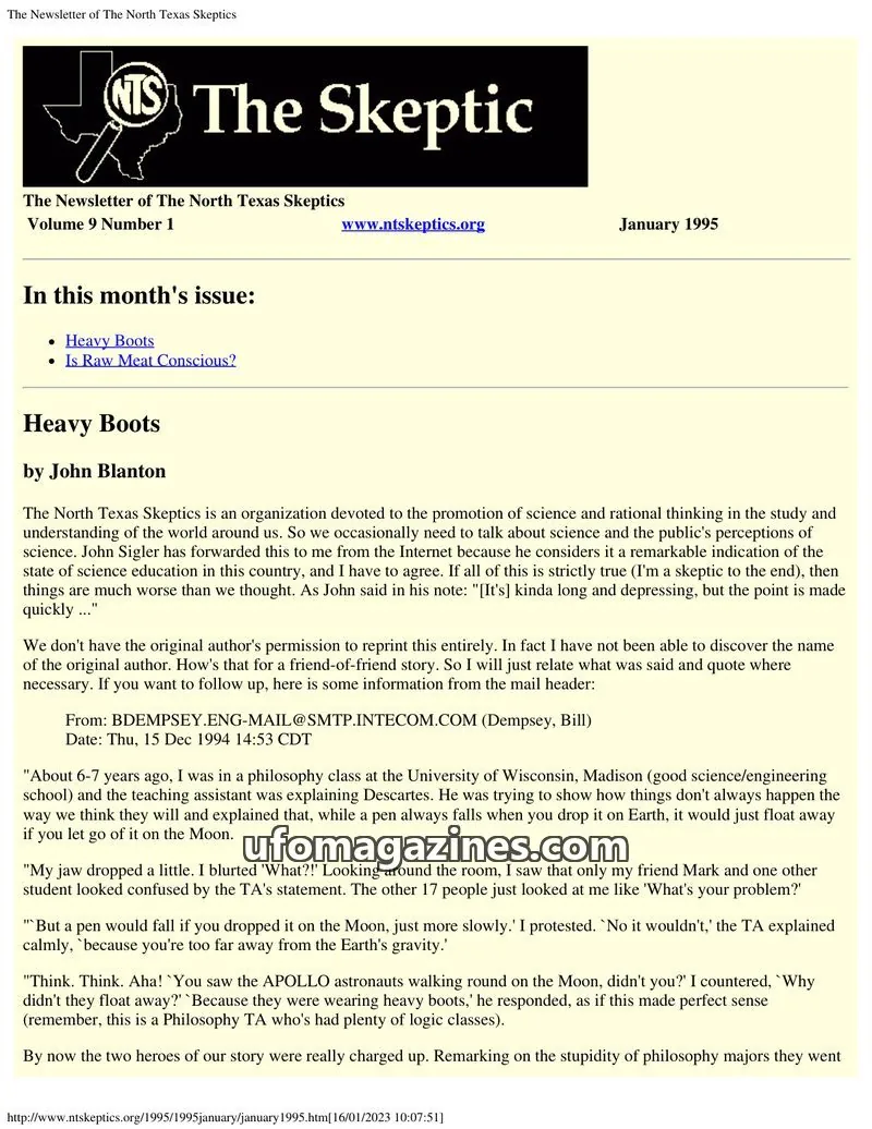 Cover of North Texas Skeptic issue Volume 9 Number 1: The Skeptic