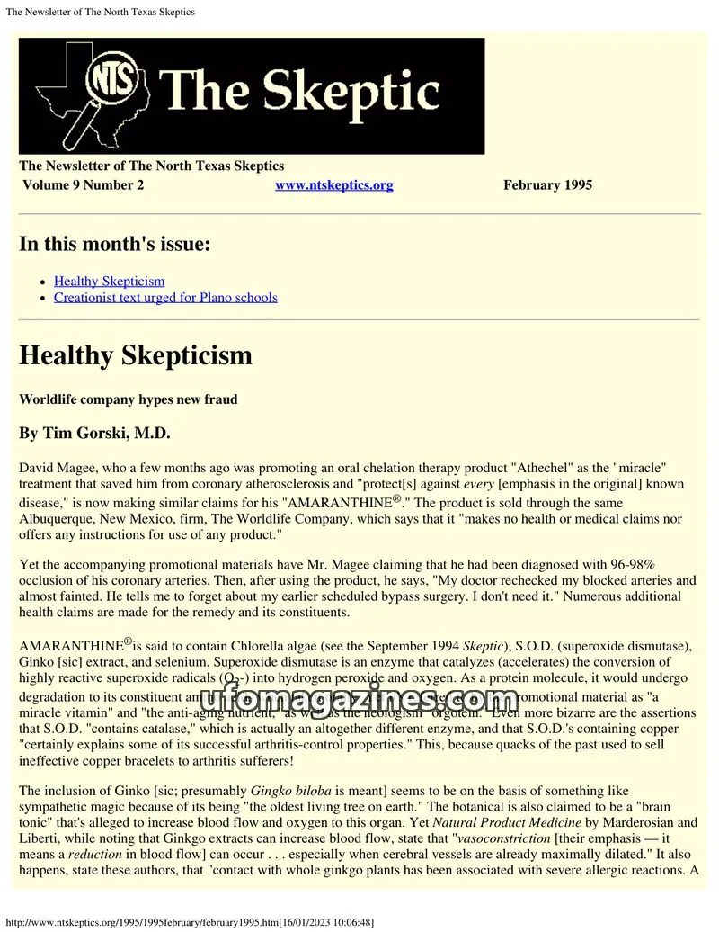 Cover of North Texas Skeptic issue Volume 9 Number 2: The Newsletter of The North Texas Skeptics